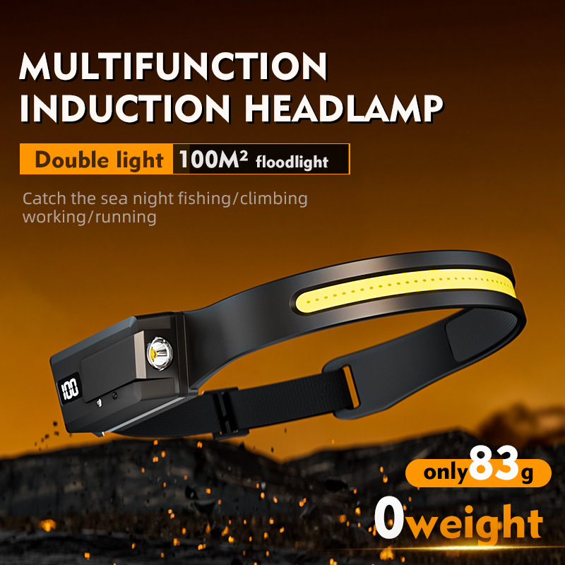 Cross-border outdoor multifunctional silicone adventure fishing portable cob floodlight head-mounted miner's lamp strong light induction headlight