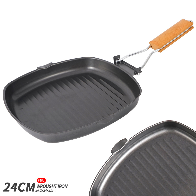 Picture of Outdoor Barbecue Plate Picnic Foldableable Portable Pot Frying Pan Cast Iron Pot Baking Pan Anti-Scalding Wooden Handle Double Mouth Deep Steak Pot