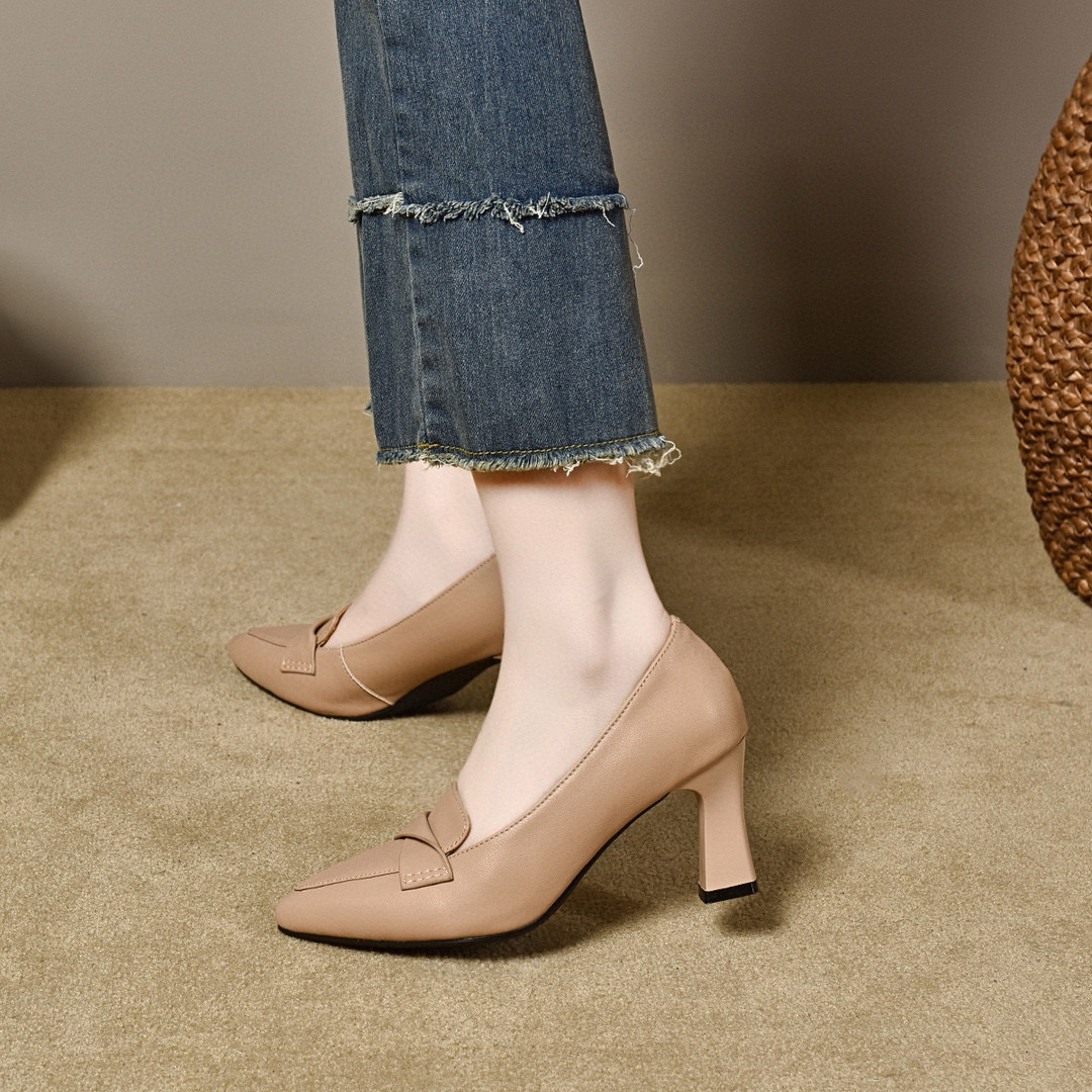 Pointed High Heels Women's 2024 Autumn British Style Shallow Mouth Commuter Work Shoes Two Kinds of High Cowhide Women's Single Shoes