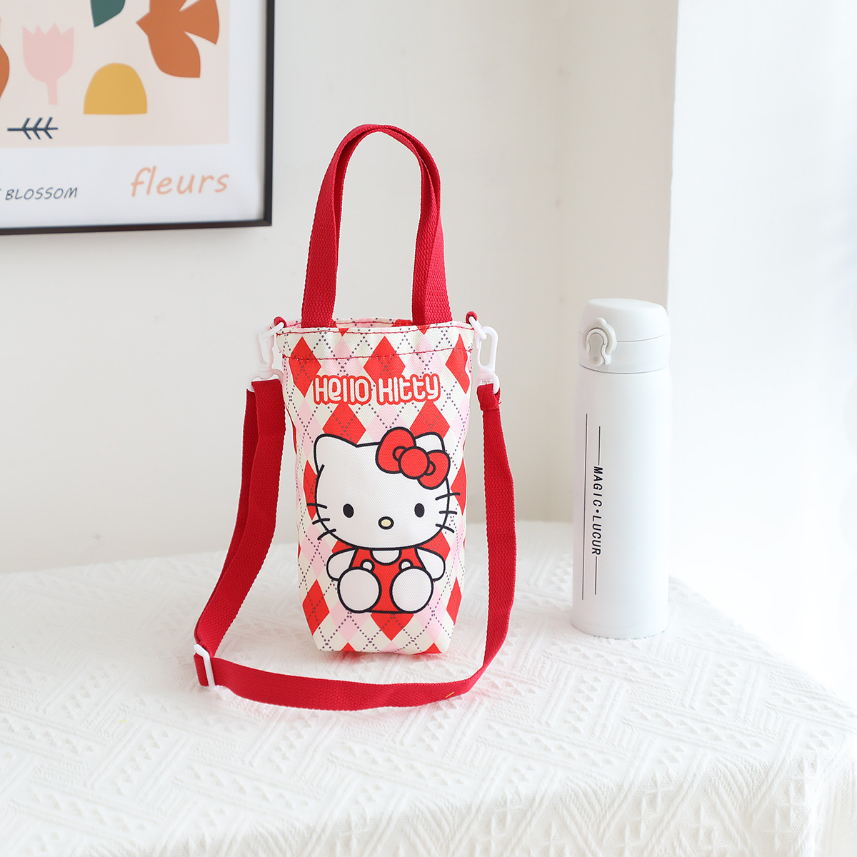 Picture of Japanese Style Cartoon Cute Canvas Water Cup Bag Crossbody Portable Dual-purpose Water Kettle Bag Outgoing Small Cloth Bag Handbag