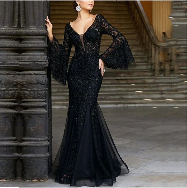 Evening dress 2021 New Noble Sexy Slim fishtail long banquet dress female black anchor