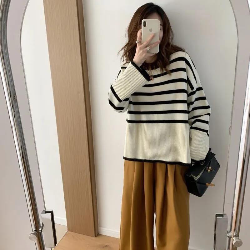 Vintage Korean Striped Sweater Women's Autumn and Winter New All-match Slit Lazy Style Stylish Loose Sweater Coat Women