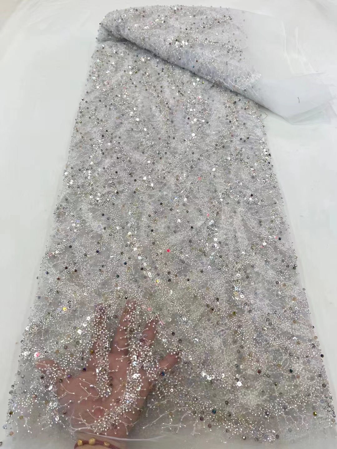 In stock high-end colored diamond wedding dress fabric wedding dress designer women's random pattern bubble beads sequined bead tube embroidered cloth
