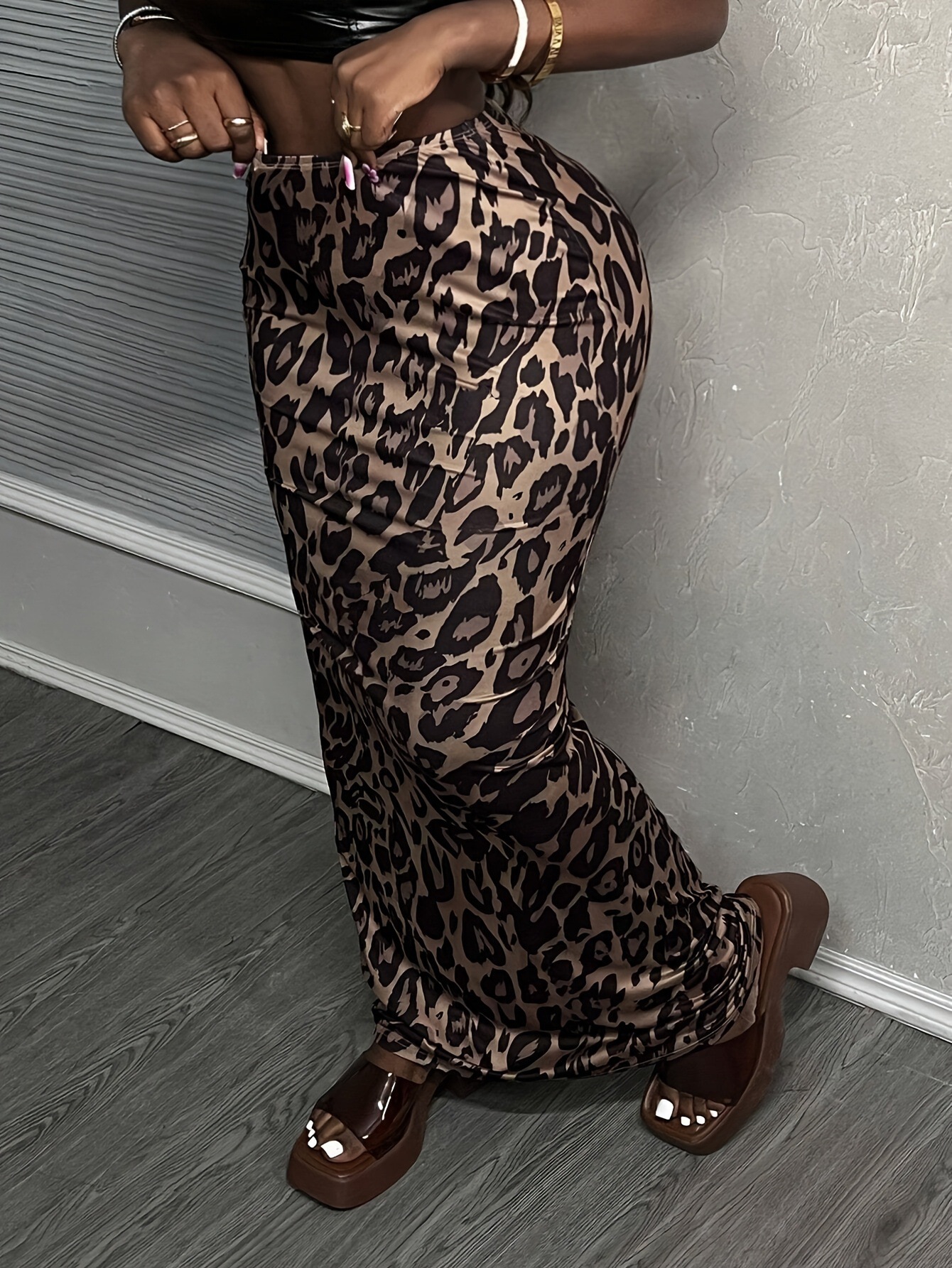 Elegant Beach Vacation Leopard Print Elastic Knit Women's Fishtail Dress Slim-Fit Elegant Elastic Waist Hip Long Dress