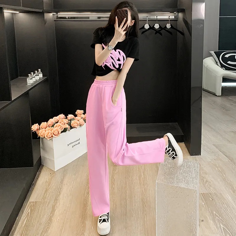 Internet Celebrity Fried Street Casual Sports Suit Women's Summer Fashion Western Style Age-reducing Slimming High Waist Pink Wide Leg Pants Two-piece Set