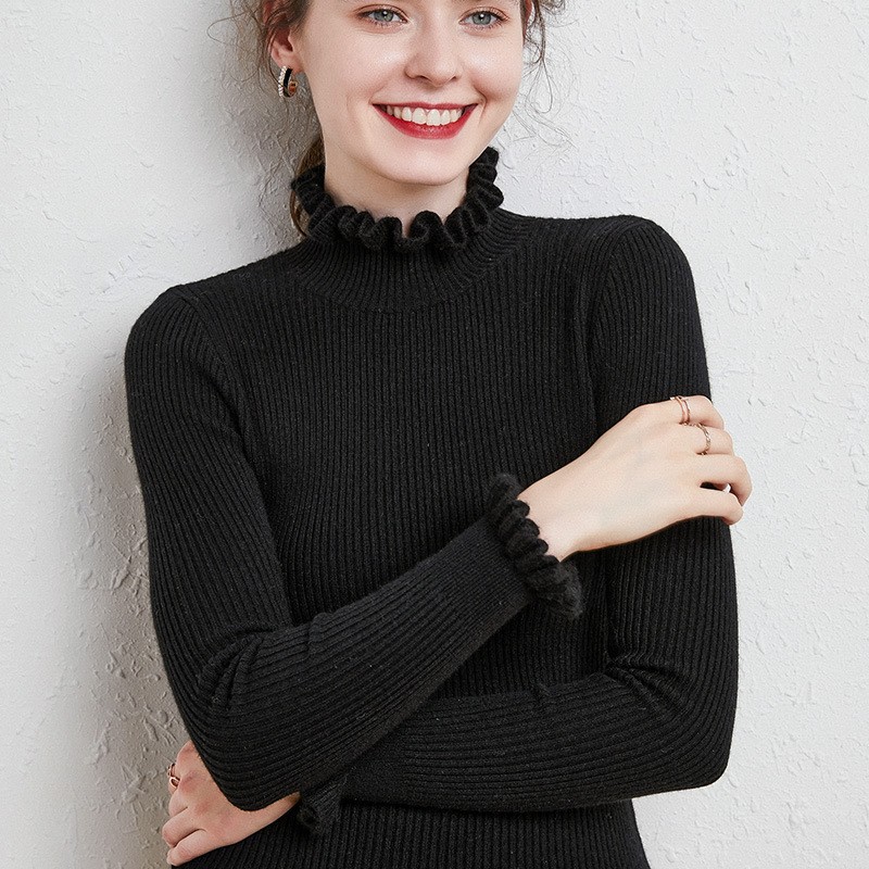 Picture of 2022 autumn and winter New agaric ruffled sweater women's lace sleeve base shirt thickened sweater manufacturers batch generation