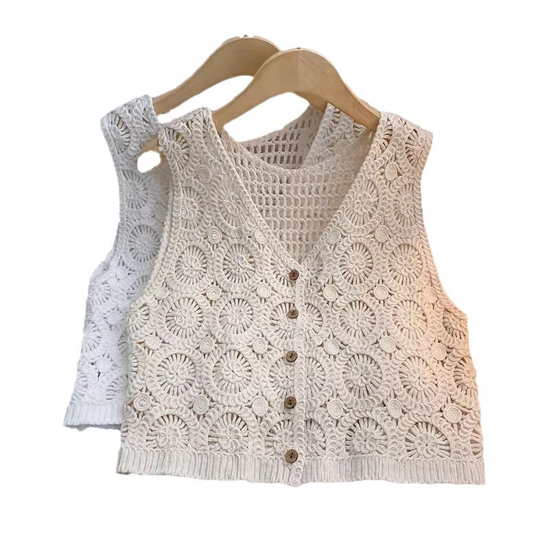 Picture of Summer Twist Wooden Buckle Knitted Cardigan Loosen Sleeveless Cutout Cute vintage Vest Inner Top