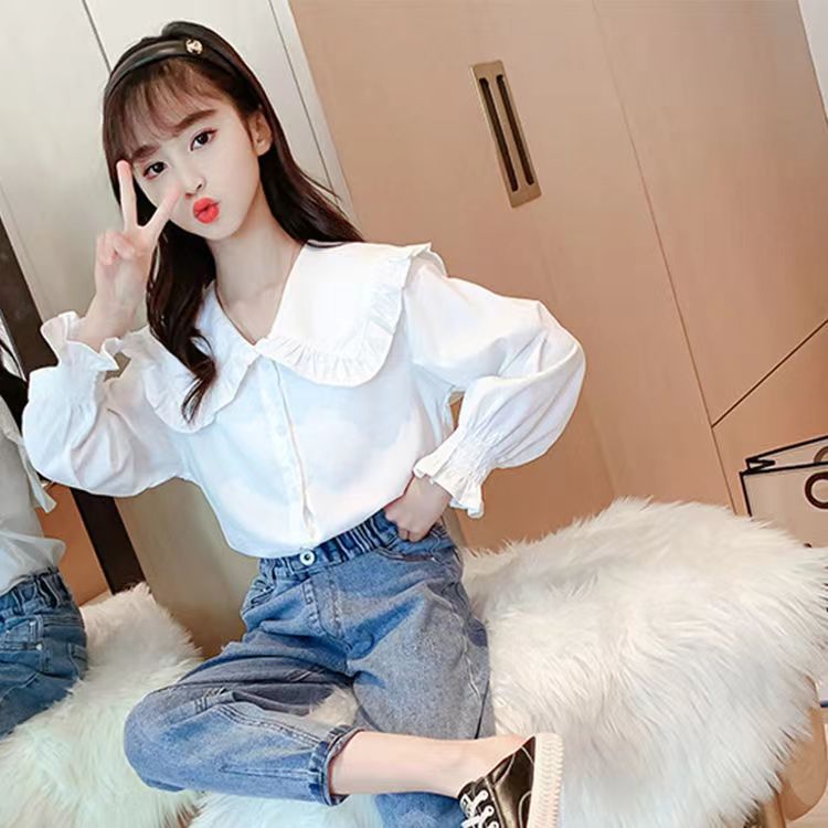 Picture of Girls' Spring and Autumn Shirt New Korean Style Foreign Style Long Sleeve White Shirt Children's Lace Doll Collar Base Top Trendy