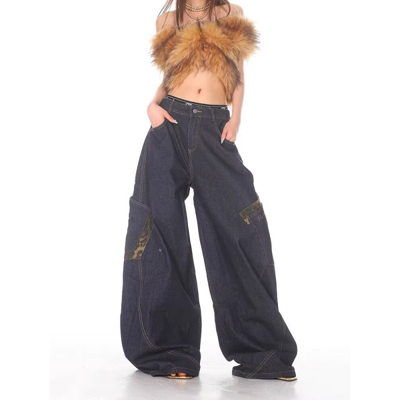 2024 American Retro Distressed Wide-Leg Long Pants Loose Leopard Print Splicing Straight Casual Scimitar Jeans for Women Trendy