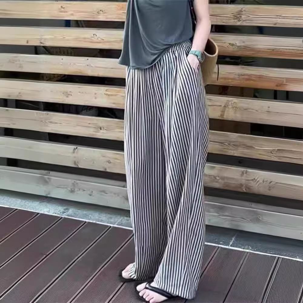 Korean style fashionable casual straight wide-leg pants for women 2024 summer New plus size slimming versatile thin striped pants