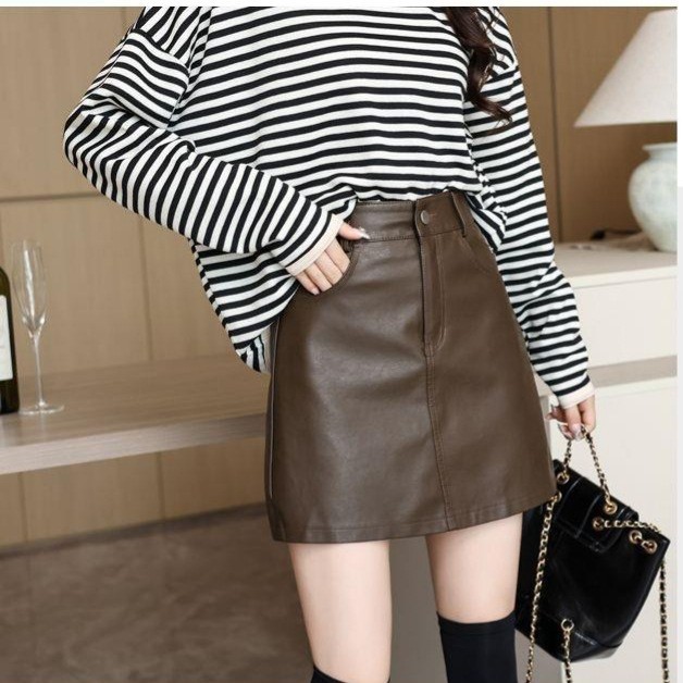PU Leather Skirt Women's 2024 Autumn and Winter New Black Petite A- Line Skirt High Waist Slimming Elegant Hip Skirt