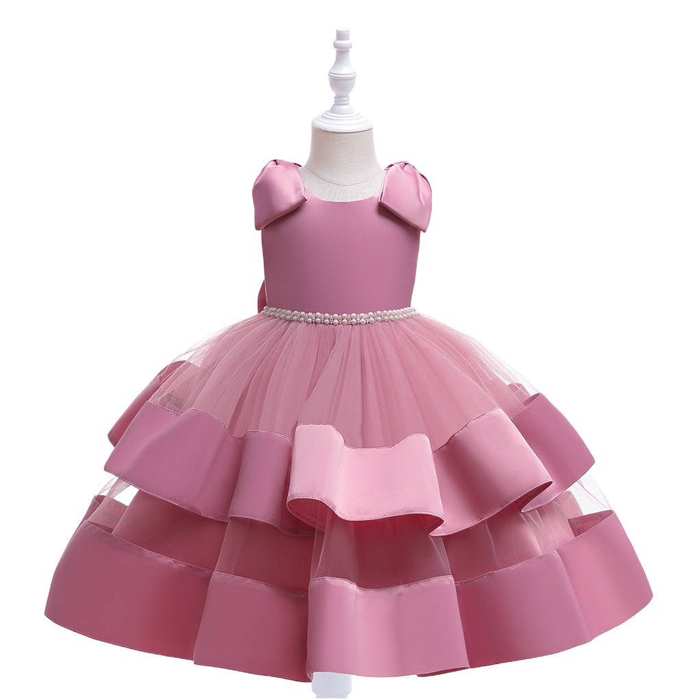 2024 New Children's Dress Princess Dress Waist Pearl Cake Tutu Dress Ribbon Flower Children's Wedding Dress for Big Children