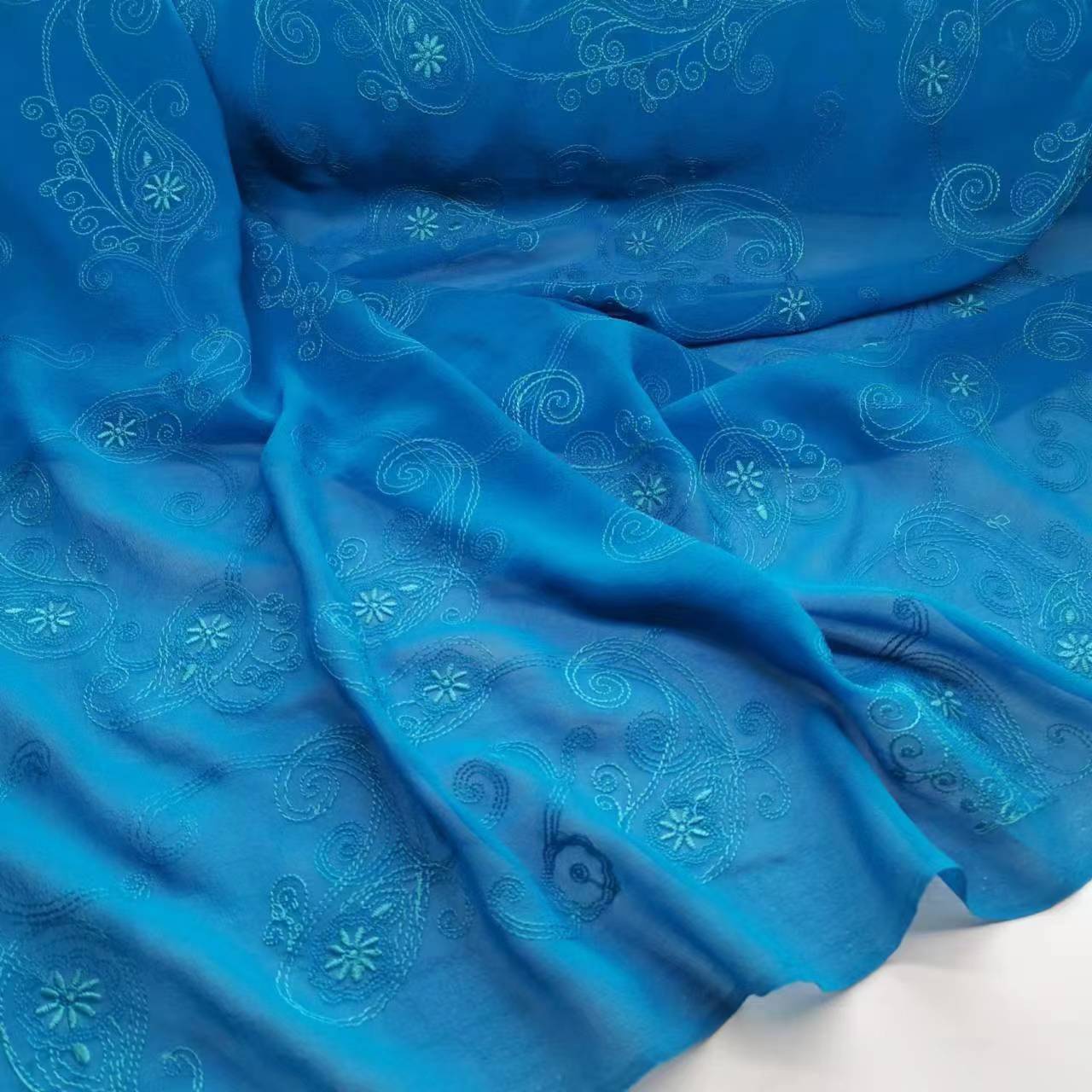 Picture of Special Offer Indigo 10mm Cashew Flower Embroider Mulberry Silk Georgette Fabric Narrow Fashion Skirt Silk Fabric