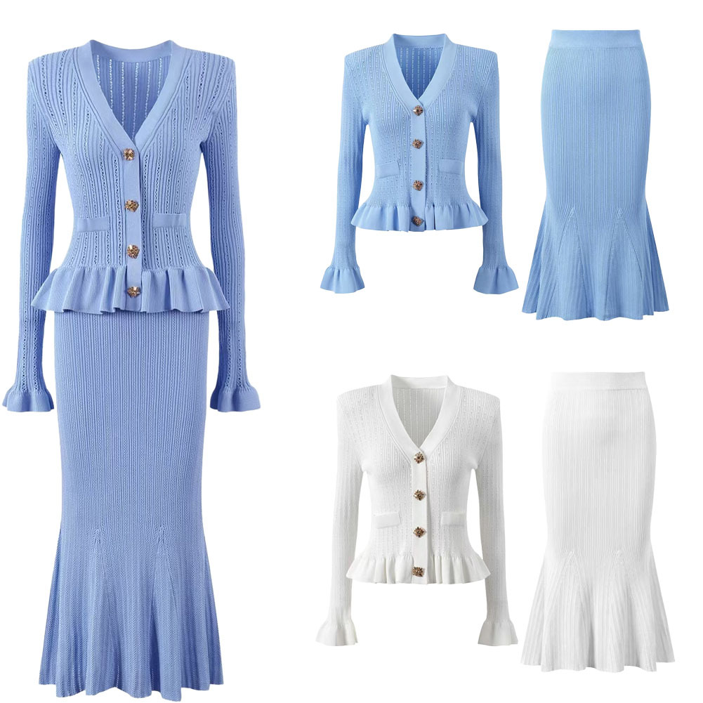High-quality in-stock new suit dress on AliExpress Europe and America, fashionable knit V-neck slimming long-sleeve dress