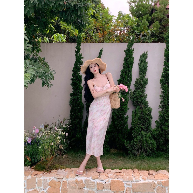 Summer Flowers Pure Desire Hot Girl Atmosphere Sling Women's Summer New Lace Stitching French Pink Floral Dress