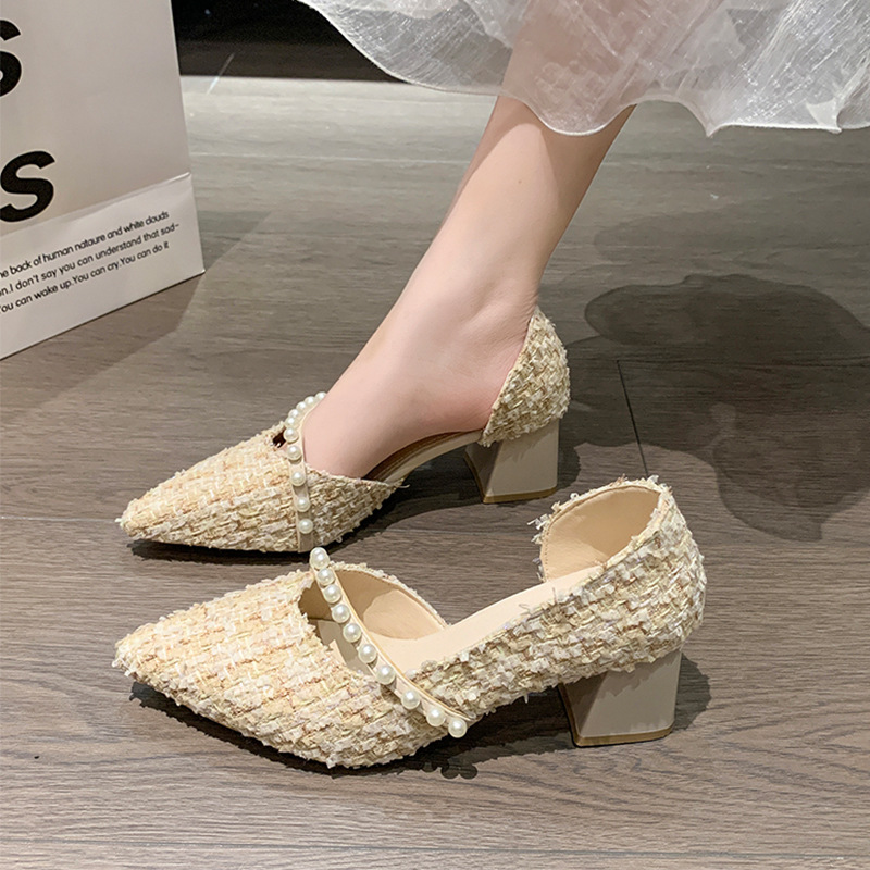 Pointed-toe Single-layer Shoes Women's Thick Heel Spring New Arrival Pearl All-match Shallow Mouth Gentle Fairy-style Side-empty High-heeled Shoes