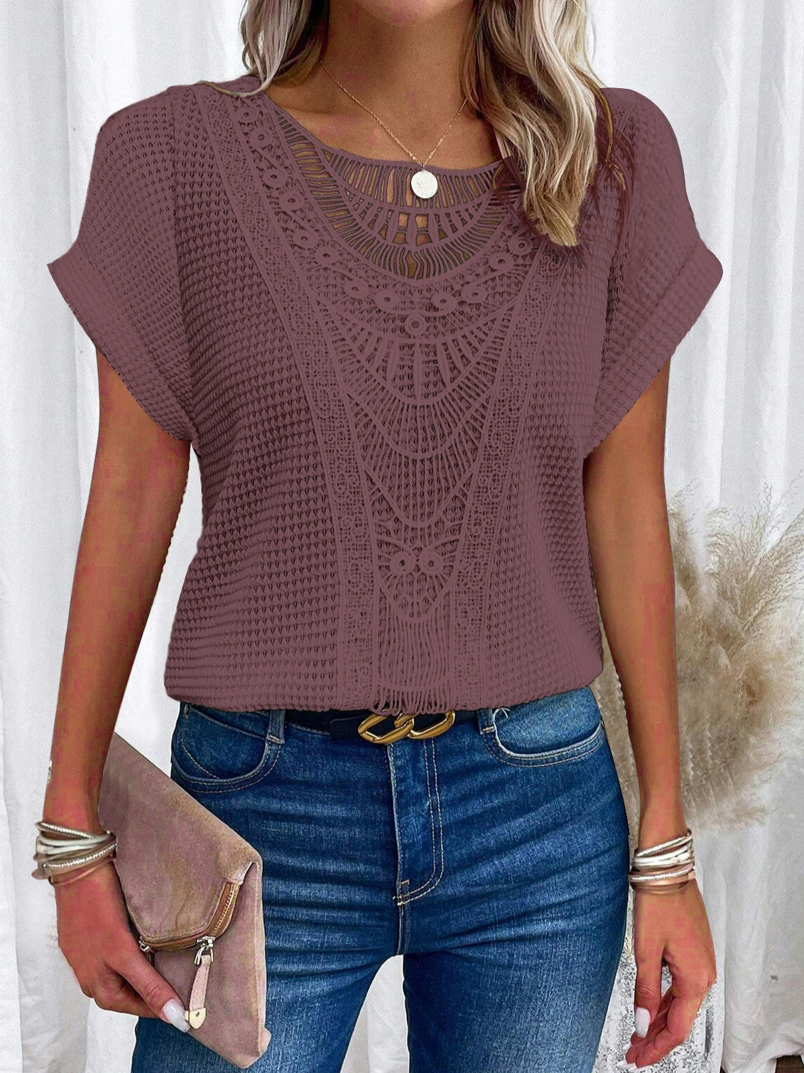 Picture of 2024 Amazon European and American spring and summer new independent stand lace stitching short-sleeved T-shirt in stock cross-border women's clothing