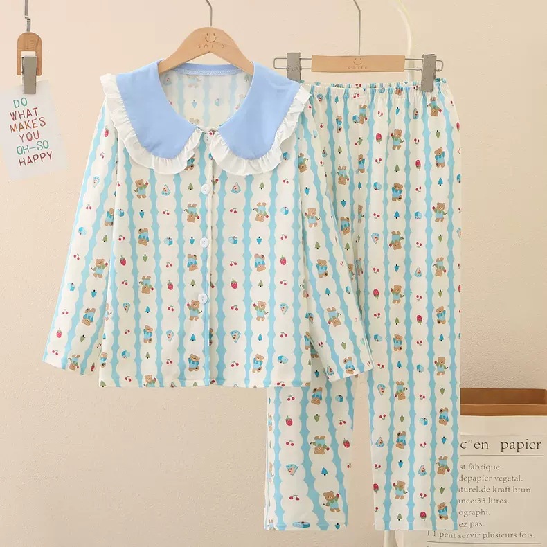 Picture of Girls' Pajamas Spring and Autumn New Lapel Long Sleeve suit Children's Home Clothes Cardigan Home Clothes Middle and Big Children