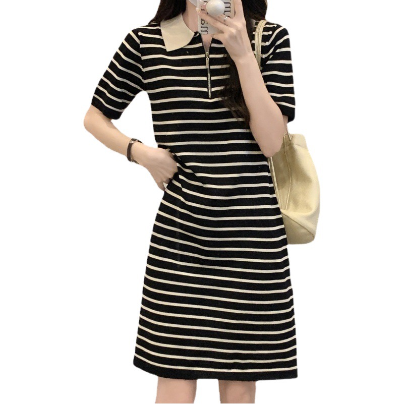 Cross-border dress Summer Women's French Style Popular This Year's Polo Collar Loose Striped All-match Knitted Short Skirt Trendy