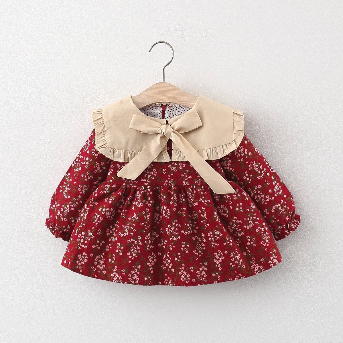 Girls' dress Autumn New in stock Children's Wear Western Style Lapel Cute Bow Solid Color Puff Sleeve A- Line Skirt