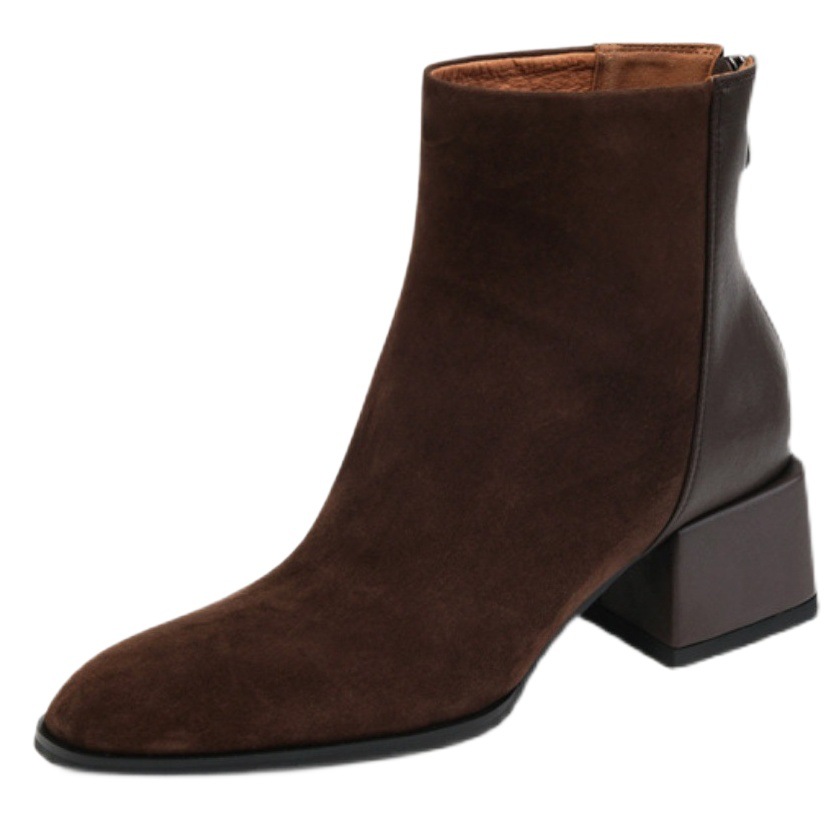 Square toe short boots for women 2021 autumn and winter simple stitching brown thick heel Martin boots suede mid heel back zipper short boots for women