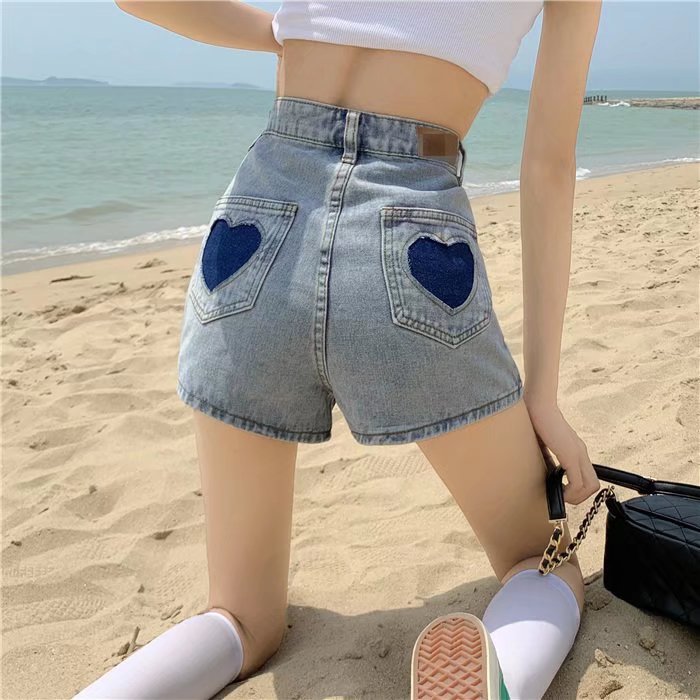 Love High Waist A- shaped Denim Shorts Women's Summer Thin 2024 New Arrival Loose Fashionable Wide-leg Super Short Hot Pants