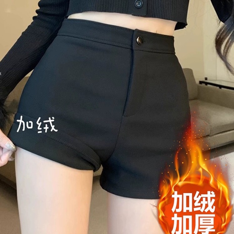 High-Waisted Slimming Look A-Line Shorts for Women in Autumn and Winter Plus Size Fat mm Fleece-Lined and Thickeneded Casual Black Versatile Outer Boot Pants