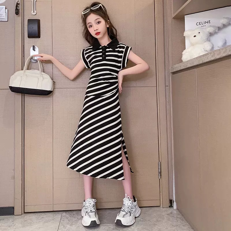 Girls' Vest Skirt Tight Waist Design polo Collar Striped Skirt Summer New Children's Casual Fashion Medium and Large Children's Long Skirt