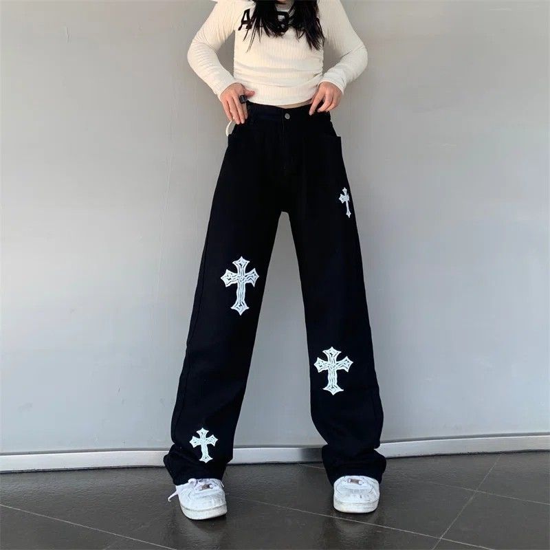 2024 New High Street American Style Retro Cross Jeans National Fashion Brand Loose Straight Pants Women's Pants Hong Kong Style
