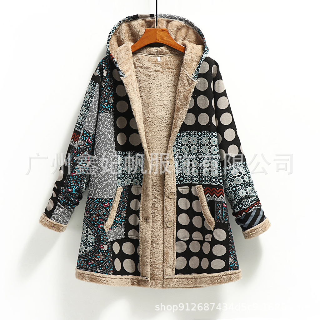 Picture of 2023 Winter Amazon Wish European and American New Women's Cotton and Linen Printed Hooded Sweatshirt Warm Stuffed Jacket