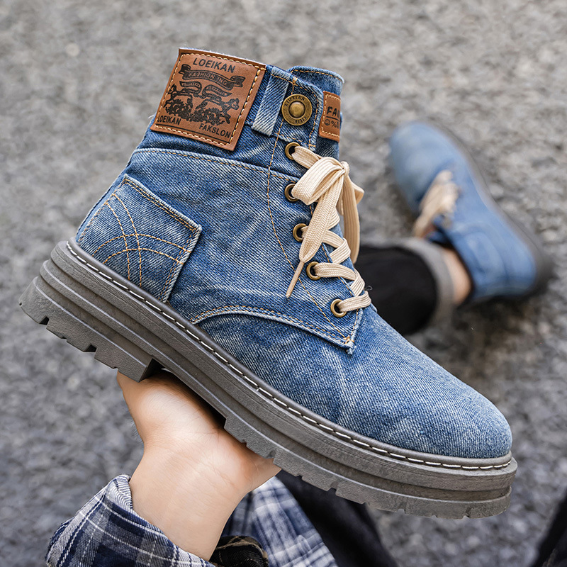 2025 Autumn New High-Top Plus Size Men's Martin Boots, Denim Casual Boots, British Style Workwear Trendy Men's Shoes