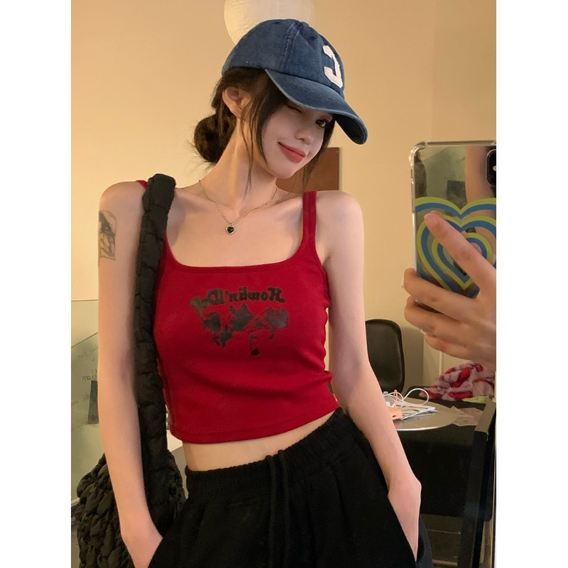 Spring and Summer Sweet and Spicy Small Sling Pure Vest Women's All-match Printed Belt Inner Wearing Outer Wearing Base Short Slim-fit Top Trendy
