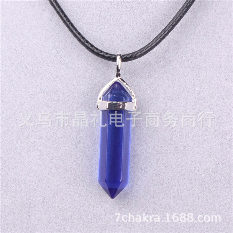 Picture of Natural Stone Hexagonal Pendant European and American Natural Crystal Hexagonal Prism Bullet Hexahedral Black Wax Rope Necklace