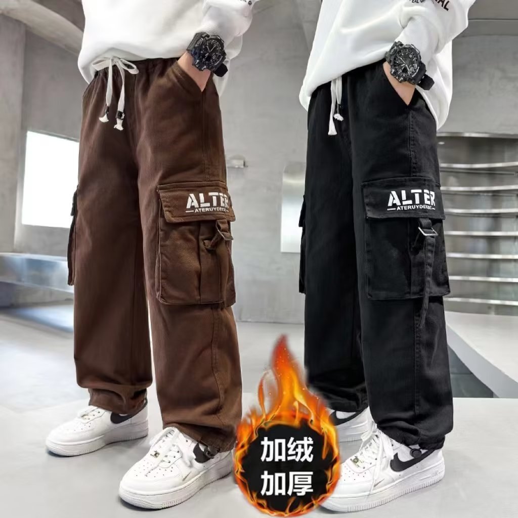 Boys' overalls spring and autumn handsome fashionable 2023 new large children's autumn and winter fleece-lined loose casual trousers