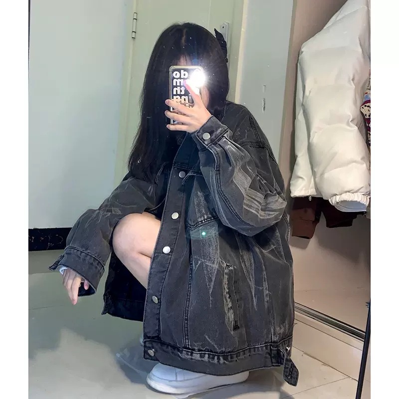 plus size Chubby Sister American Tie-Dye Denim Coat Women's Spring and Autumn New BF Laid-back Style Loose Slim Jacket Top
