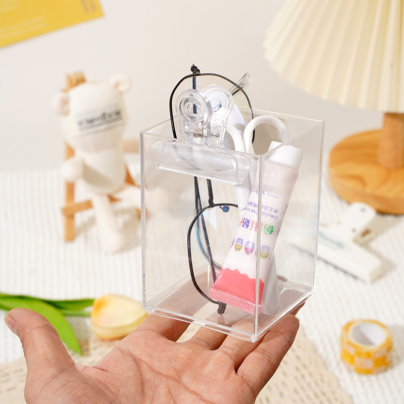 Picture of Transparent pen container plastic acrylic square stationery storage tube pen supplies wholesale student culture business creativity
