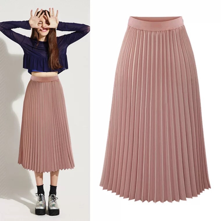 European station new chiffon skirt mid-length pleated skirt elastic high waist slim fit slim loose skirt