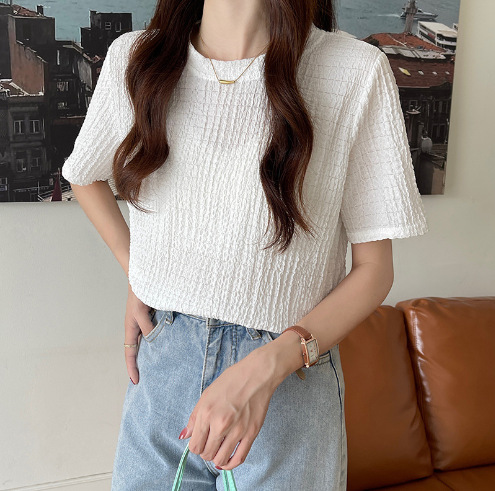 Picture of Ins Super Fire Texture Short-sleeved T-shirt Women's Summer Loose Slimming All-match Sweet and Vassal Style Solid Color Half-sleeved Clothes Trendy