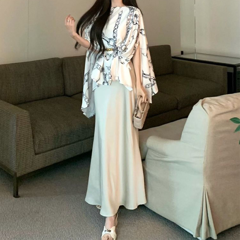 Laqian style satin cloak shawl sling dress women's new Chinese style wear a set of light luxury high-end suit