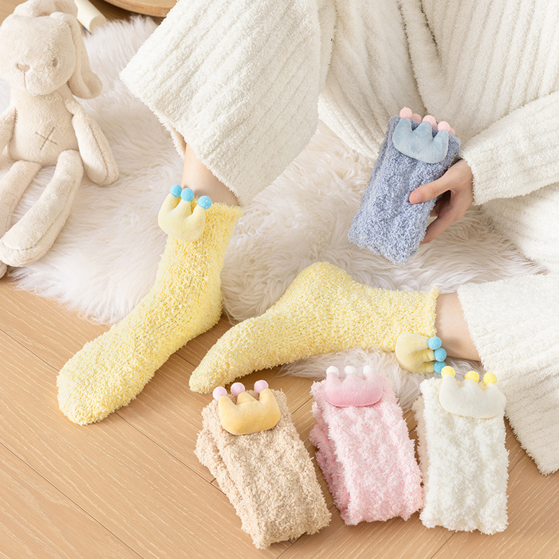 Winter Coral Fleece Floor Socks Plush Cute Three-dimensional Crown Home Warm Thickened Mid-tube Towel Socks Sleep Socks