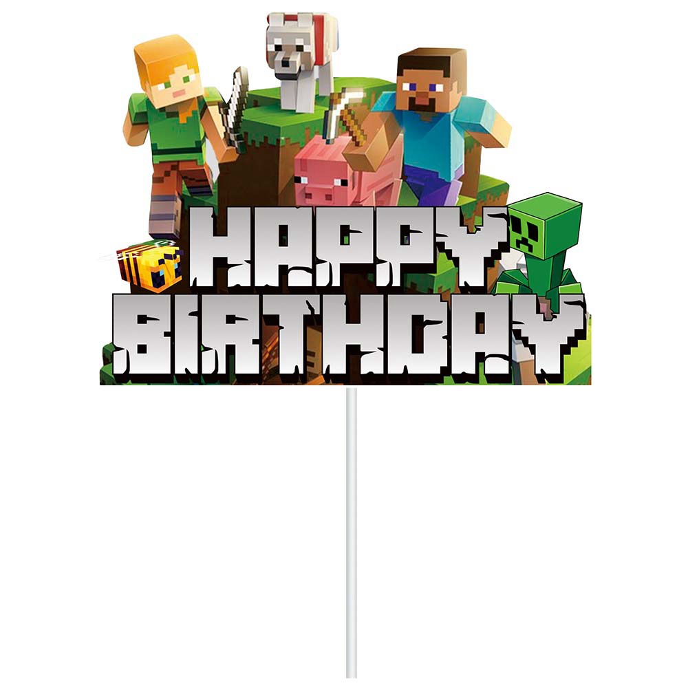 Picture of Minecraft Birthday Party Decoration Set Pixel Wars Happy Birthday Flag Cake Dessert Insert