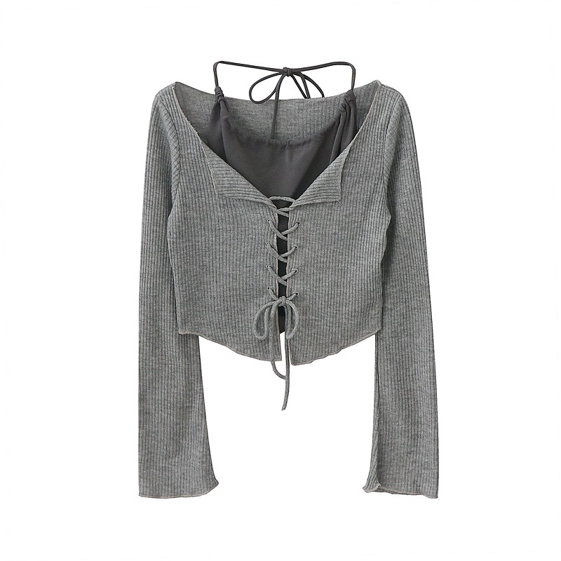 Autumn New Korean-style Niche Design Sense Strap Cardigan Jacket Hanging Neck Short Small Sling Two-piece Top for Women