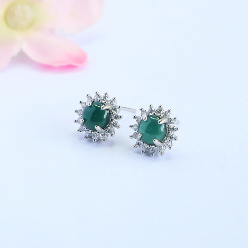 Picture of Juanyu Natural A-Grade Jadeite Blue Water Stud Earrings with Jade Inlay Wholesale Supply Fc5070502