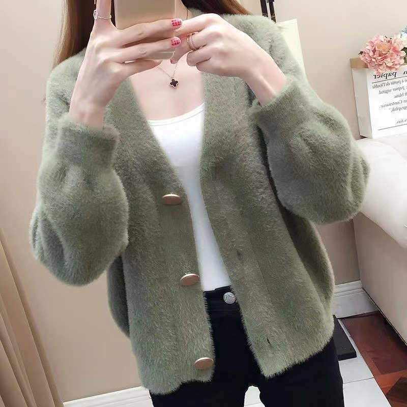 2024 Autumn and Winter New Korean Style Imitation Mink Velvet Knitted Cardigan Jacket Sweater Women's Short Loose Outer Jacket Women's