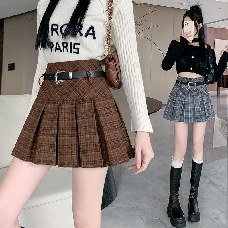 Real Shot Autumn and Winter Korean Style Plaid Woolen Skirt Sweet and Hot High Waist College Style Pleated Skirt Women's Trendy