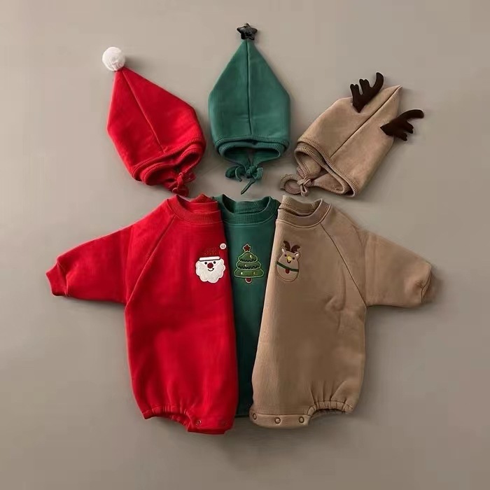 Picture of Korean-Style Baby Christmas Outfit for Autumn and Winter, Infant and Toddler One-Piece Fleece-Lined Thickened Romper for Warmth