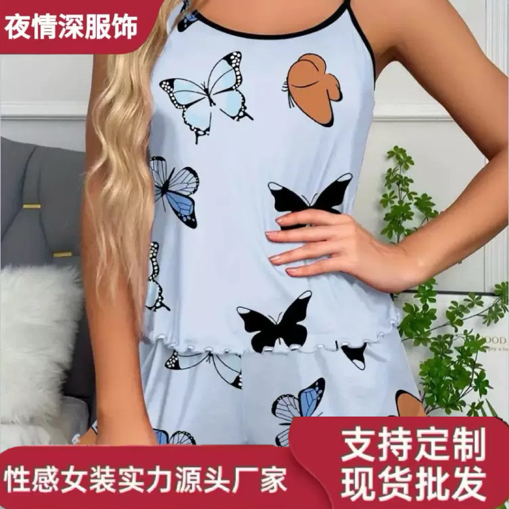 European and American cross-border home wear butterfly print pajamas camisoles shorts women's suits pajamas home close-fitting