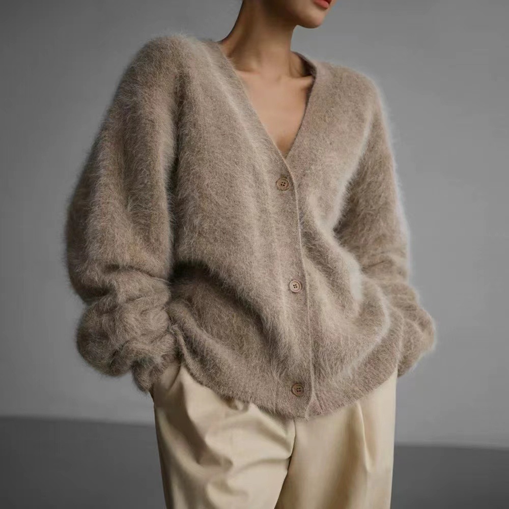 [Imitation mink] 2024 new European and American style autumn and winter lazy loose knitted cardigan sweater long sleeve V-neck sweater