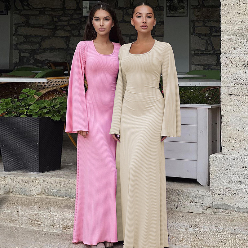 Cross-Border European and American Clothing 2023 Autum Fashion Loose U-Neck Back Lace-Up Long-Sleeved Dress