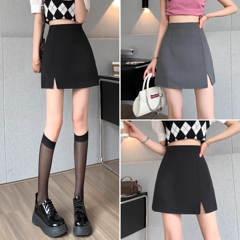 2024 New Spring Black Split Skirt Women's Summer Dress High Waist Slimming Hip Skirt A Short Skirt